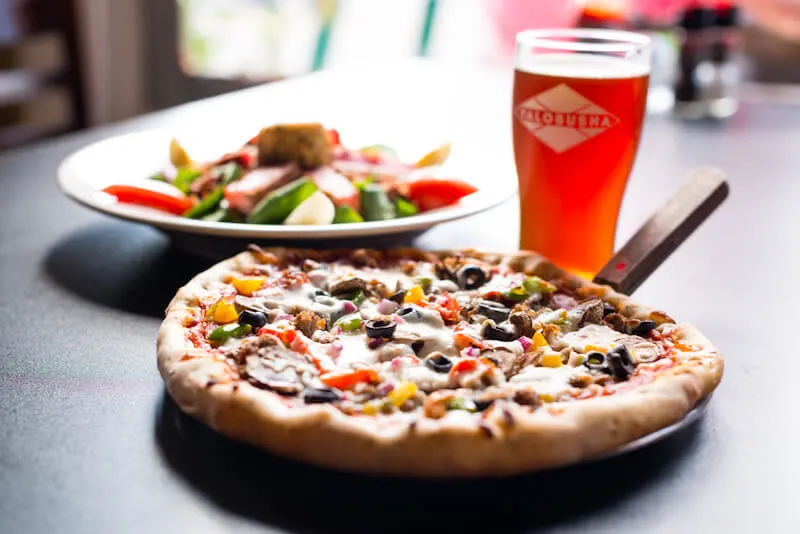 pizza, beer and salad