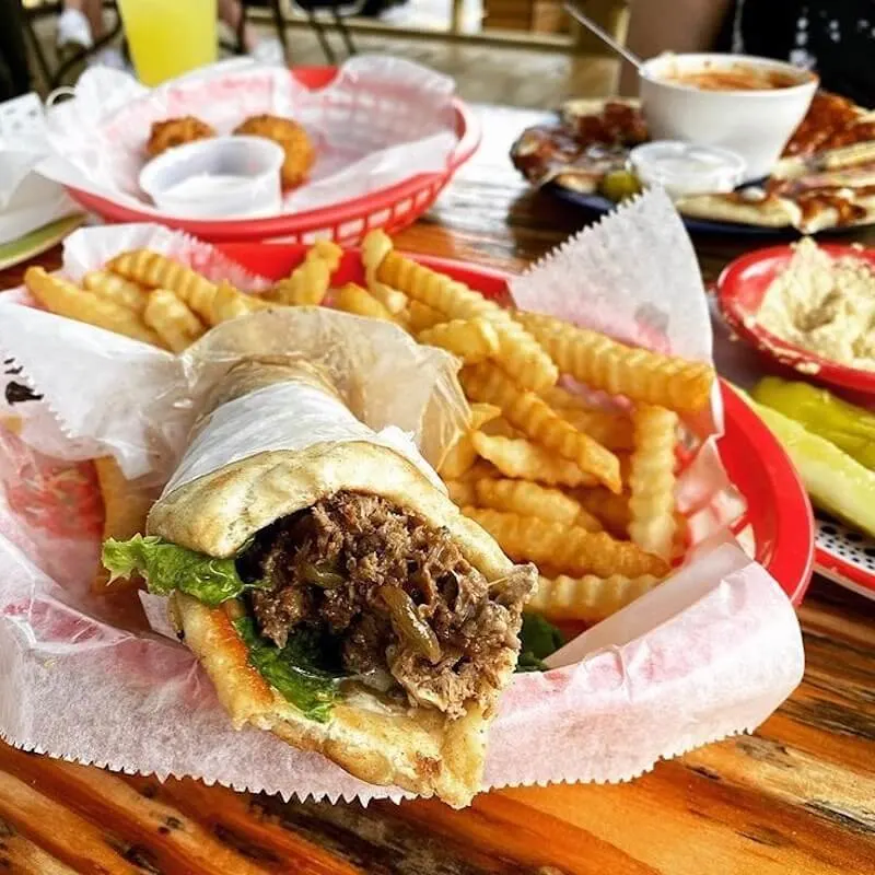 Greek souvlaki and fries