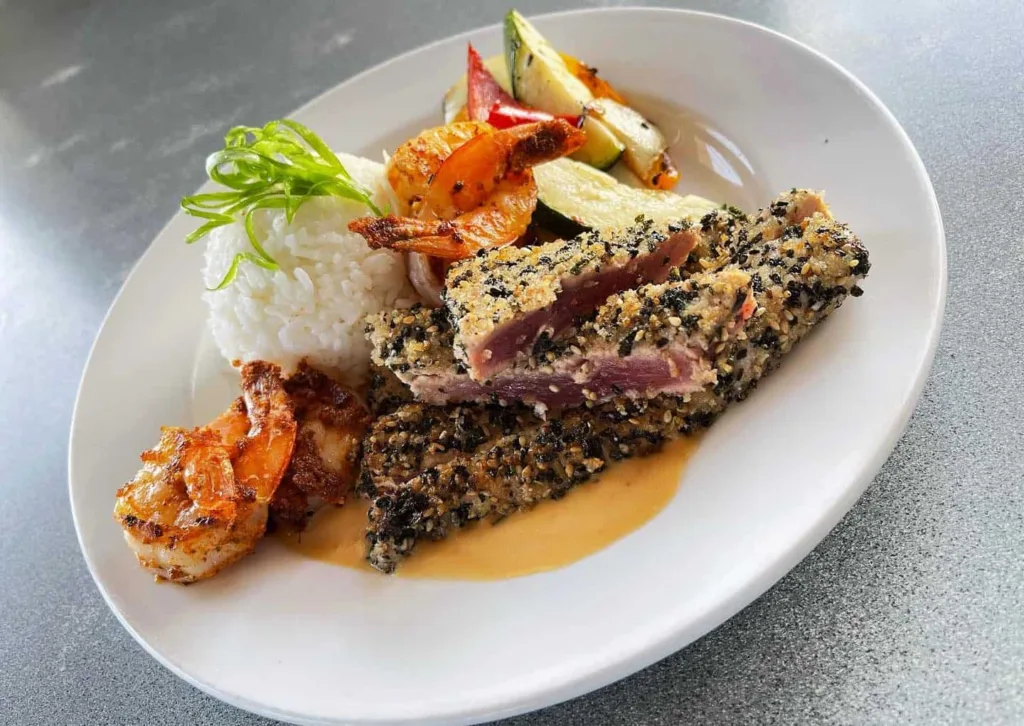 Brenneke's Beach Broiler Furitake Crusted Ahi & Spicy Shrimp