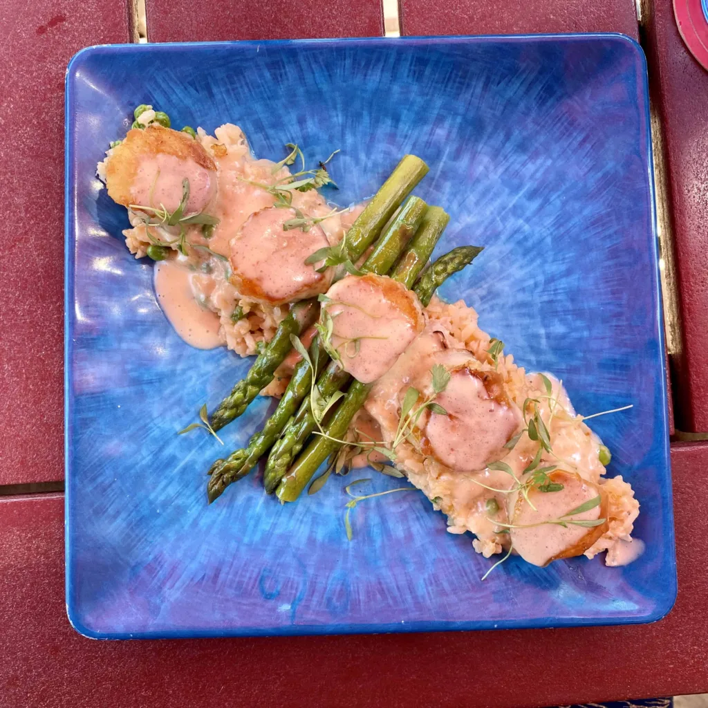 Siesta Key Oyster Bar Scallops on Crab & Snow Pea Risotto