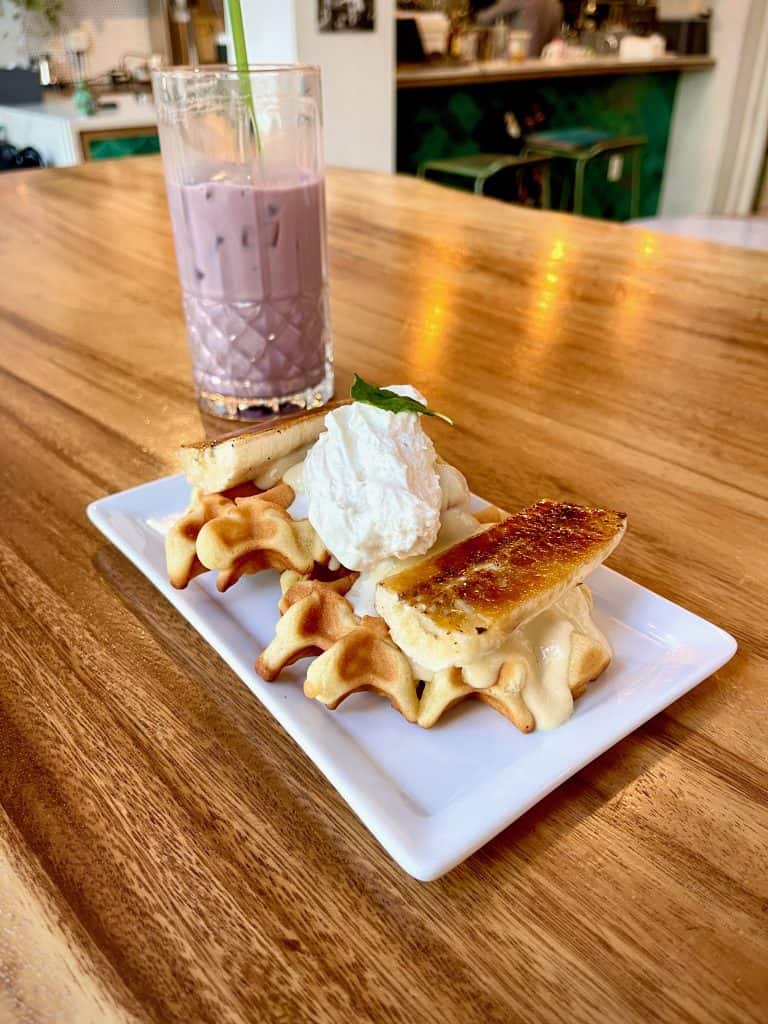 The Hood Cafe's Turon Mochi Waffle and Iced Pandan Latte