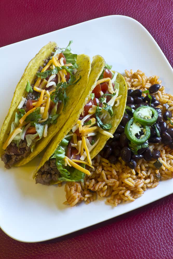 tacos with rice, black beans, and jalapenos