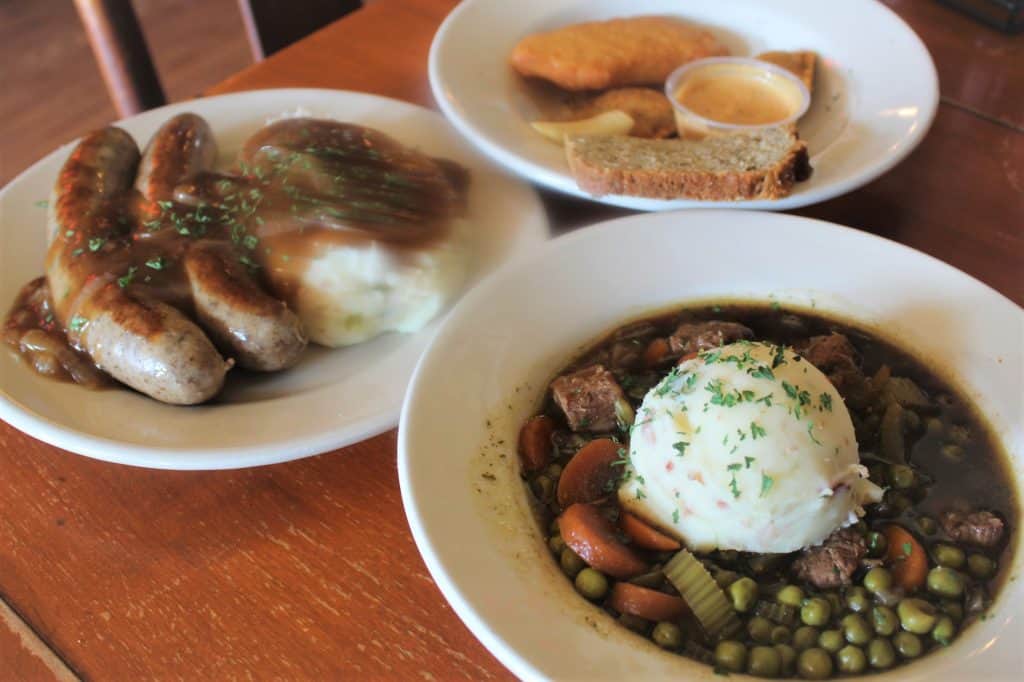 sausage ravioli, onion rings, bangers and mash, fish and chips, and Irish stew
