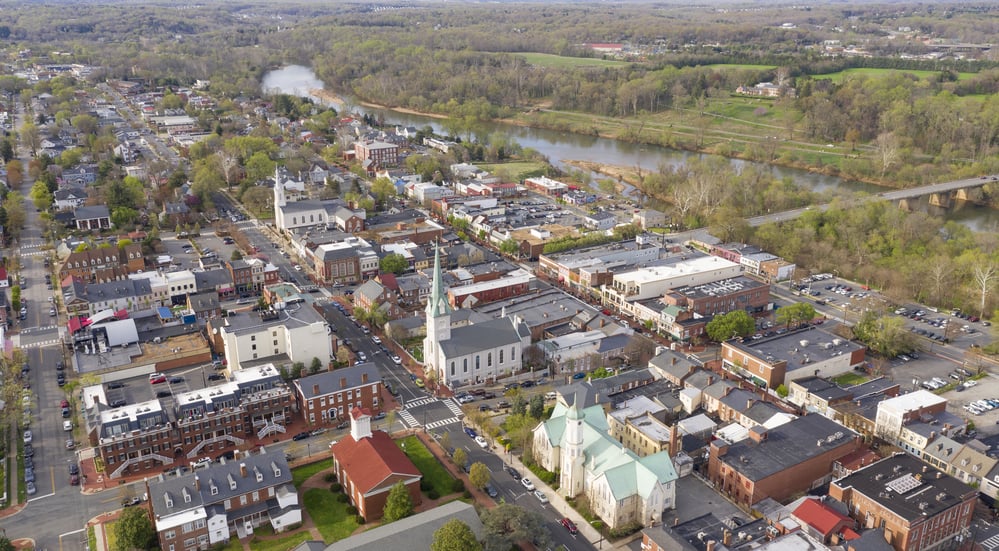 Aerial view of the historic city of Fredricksburg Virginia