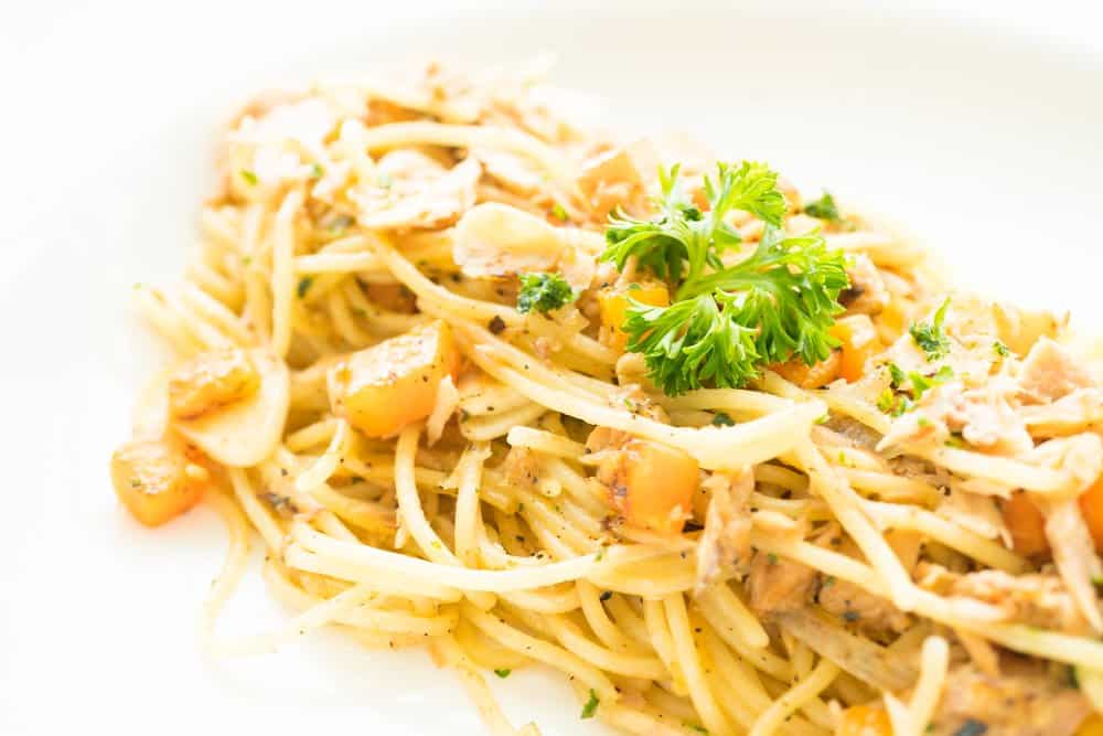 Delicious chicken and mushroom pasta garnished with parsley on a white plate.